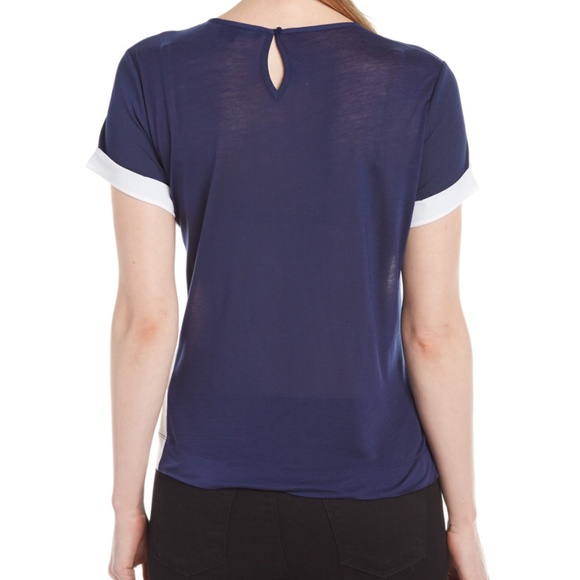 French Connection Navy & White Cuffed‎ Woven Top SZ L - Picture 2 of 4